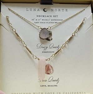 2 PCS LUNA NORTE NECKLACES ROSE QUARTZ & DRUSY QUARTZ PINK GOLD PLATED - Picture 1 of 3