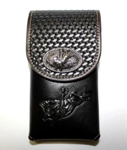 7" BULL RIDER RODEO WESTERN LEATHER POUCH BELT LOOP CELL PHONE CASE UNIVERSAL - Picture 1 of 7