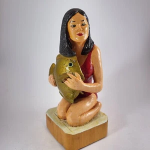 Handpainted Hand Carved Women Holding Fish "Sushi" Signed And Dated 9" - Picture 1 of 16