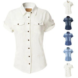 Camisa denim Chambray clásica de manga corta con botones MixMatchy - Imagen 1 de 13
