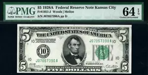 1928a $5 Kansas City Federal Reserve Note FRN • Fr.1951-J • PMG 64 EPQ - Picture 1 of 2