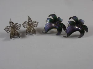 2 Pair Omega Back Silver Filigree & Enamel Orchid Flower Earrings Post Back - Picture 1 of 5