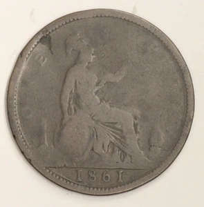 GREAT BRITAIN GB UK KM755 1861 FINE-NICE OLD ANTIQUE BRONZE PENNY COIN - Picture 1 of 3