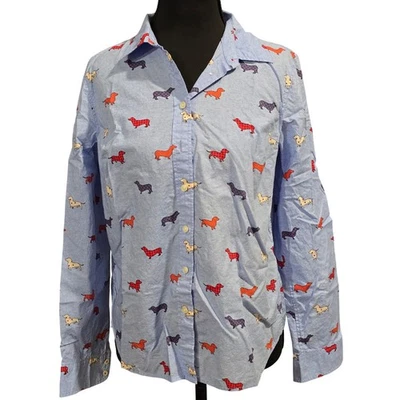 Camisa con botones Talbots Petites para mujer azul Dachshund estampado de perro talla Sp Foto 1 de 4