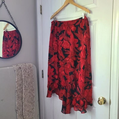 Falda Midi De Colección Chico's Seda Floral Volantes Talla 2 L Roja Negra Oscura Romántica Caprichosa Foto 1 de 4