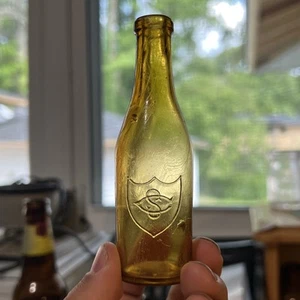 Antique Screaming Yellow Amber Blown Whiskey Sample Bottle Shield CS Monogram - Picture 1 of 9