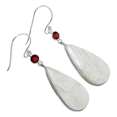 Natural White Scolecite & Garnet 925 Sterling Silver Earrings Jewelry E-1002 - Image 1 of 4