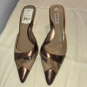 Alfani Campbell Woman5.5  Brown Snake Print Leather Mule Heels Pointed Toe Party - Picture 1 of 7