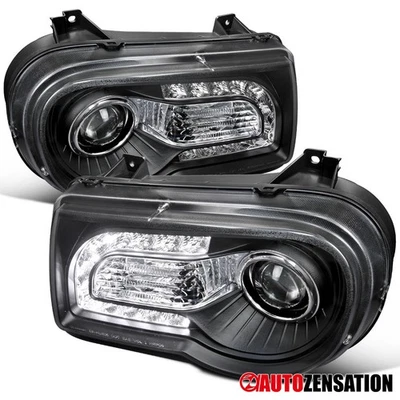Fit 2005-2010 Chrysler 300C Black LED Strip Projector Headlights Headlamps 05-10 - Image 1 of 4