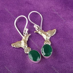 Pendientes colgantes de compromiso de mujer boho de plata 925 con piedras preciosas de ónix verde ovalados - Imagen 1 de 5