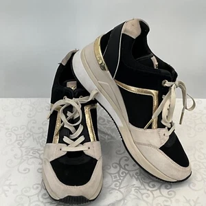 Michael Kors Georgie Women's 9M Lace-Up Sneakers Black Gold & Beige Leather/Text - Picture 1 of 12