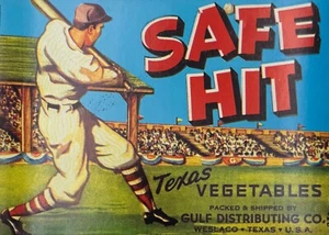 Etichetta cassa 5x7 originale vintage marca Safe Hit Texas Vegetables, baseball - Foto 1 di 3