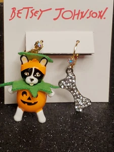 Betsey Johnson Halloween Mixmatch Dog in Pumpkin Costume & Bone Crystal Earrings - Picture 1 of 3