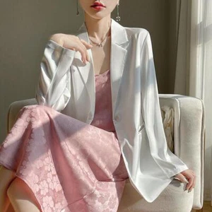 Damen Frühling Ein Knopf Satin Strickjacke Einfarbig Anzug Blazer Sommer Jacken - Bild 1 von 30