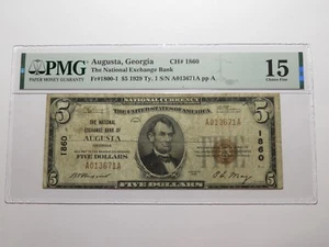 $5 1929 Augusta Georgia GA National Currency Bank Note Bill Ch. #1860 F15 PMG - Picture 1 of 6