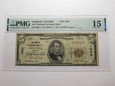 $5 1929 Augusta Georgia GA National Currency Bank Note Bill Ch. #1860 F15 PMG - Image 1 of 4