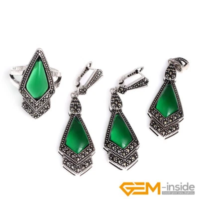 Juego de aretes de piedras preciosas naturales colgante seleccionado antiguo plata marcasita Foto 1 de 4