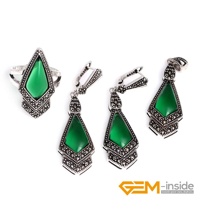 Juego de aretes de piedras preciosas naturales colgante seleccionado antiguo plata marcasita Foto 1 de 4