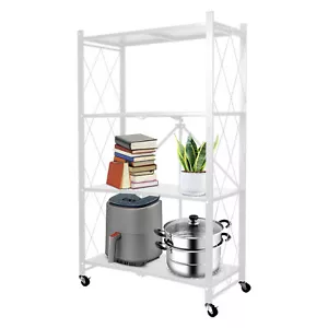 4Tier Foldable Metal Rack Storage Shelving Unit W/Wheels Home Kitchen Organizer - Picture 1 of 13