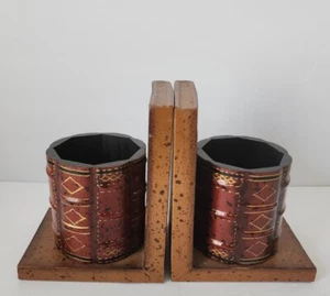 VTG Three Hands Corp Mcm Barrel Bookends Wrapped Faux Leather Storage Cup Holder - Picture 1 of 18