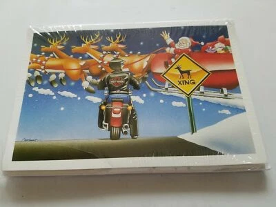 PAUL OXMAN HARLEY DAVIDSON CHRISTMAS CARDS #X513 SANTA DELIVERING GIFTS PASSING BIKER (10)