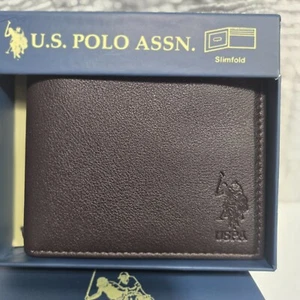 US Polo Assn braune schmale faltbare Herren-Geldbörse aus Leder neu in Geschenkbox - Bild 1 von 6