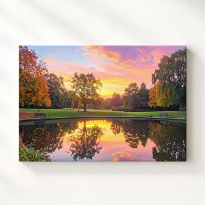 Twilight Park Reflection Canvas Autumn Lake With Sunset Sky & Silhouettes Wall - Изображение 1 из 4