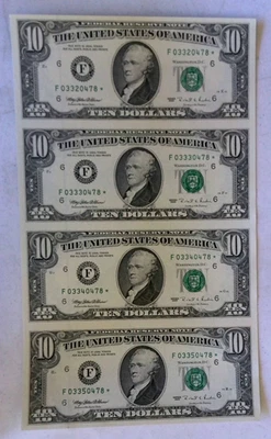 1995 $10 Star Notes Federal Reserve  Uncut Sheet of 4 Atlanta F03320478* - Image 1 of 4