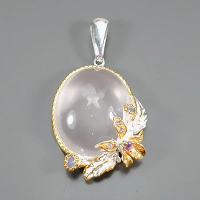 Colgante de cuarzo rosa natural hecho a mano de 40 quilates + plata de ley 925/NP51881 Foto 1 de 4