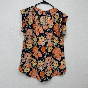 Daniel Rainn Navy Floral Cap Sleeve V Neck Blouse Top Women's Medium - Picture 1 of 7