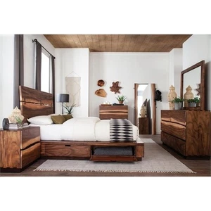 Maklaine 4-piece Wood Queen Storage Bedroom Set in Smokey Walnut - Picture 1 of 11