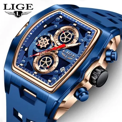 LIGE Hombre Silicona Reloj Rectángulo Deportivo Reloj Pulsera Cronógrafo Fecha Relojes Masculinos Foto 1 de 4