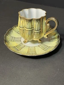 Royal Sealy Footed Bone China Tiny Teacup & Saucer Yellow Lusterware Gold Trim - Picture 1 of 15