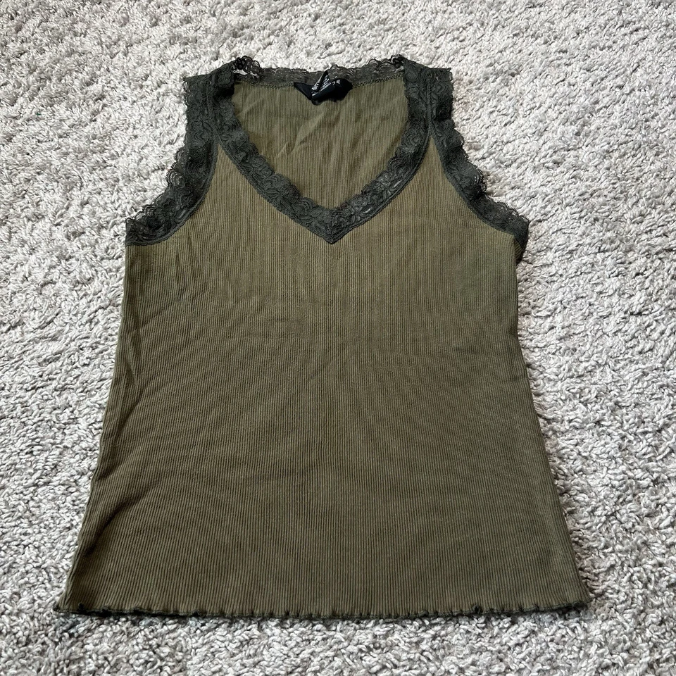 Винтажный Y2k темно оливковый армия зеленый женщин кружева Майка средний ребристый Fairycore - Изображение 1 из 4