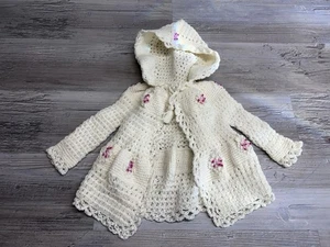 Vintage Baby Girl Handmade Hooded Sweater Knit Cardigan White Floral 12-18 Month - Picture 1 of 5