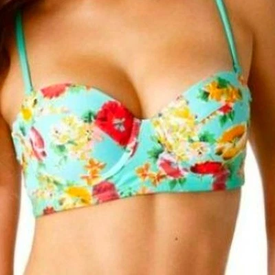 Top de bikini push up acolchado tropical hibisco floral rosa azulado AERIE 32D traje de baño Foto 1 de 4