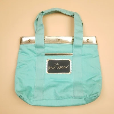 Bolso de Mano Pequeño Vintage Y2k Betsey Johnson Leopardo Guepardo Forrado Verde Azulado Borde Dorado Foto 1 de 4