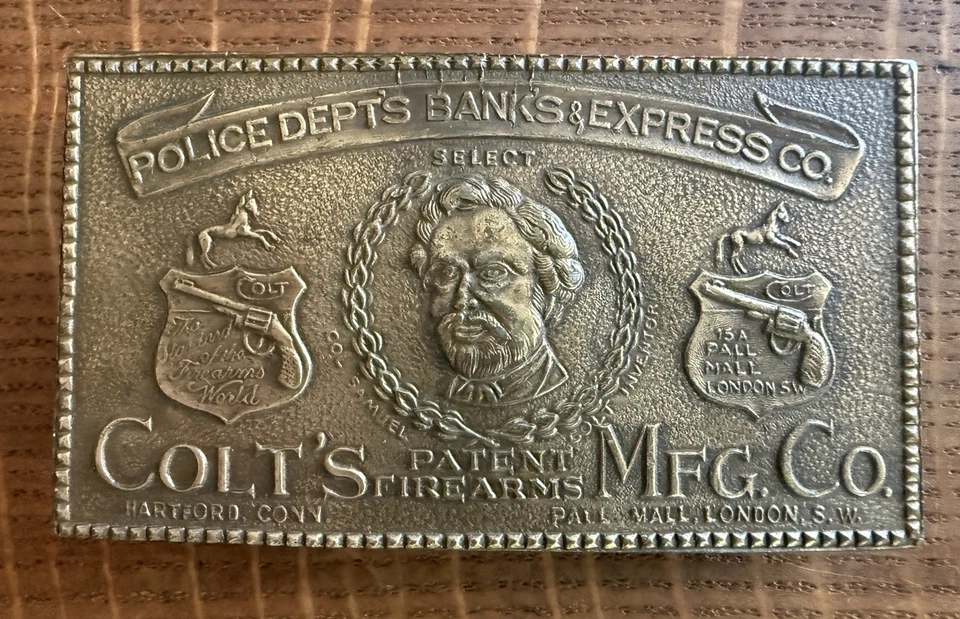 vtg COLT'S REVOLVERS FIREARMS BELT BUCKLE POLICE DEPTS BANKS EXPRESS B-156 colt - Image 1 of 4