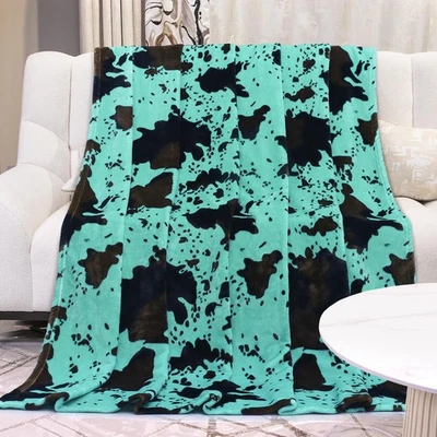Manta polar verde azulado tamaño doble felpa suave cálida turquesa estampado vaca tiro Foto 1 de 4