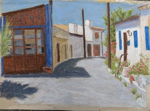 Contemporary Original unframed pastel drawing of Greek street scene unsigned - Picture 1 of 15