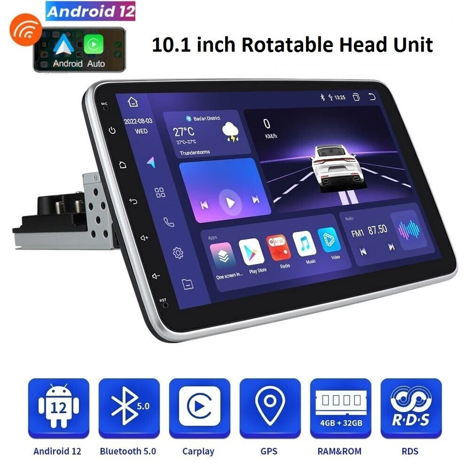 10.1" Rotatable 1Din Android 12 8Core CarPlay Car Stereo Radio GPS DSP BT 4+32GB - Image 1 of 4