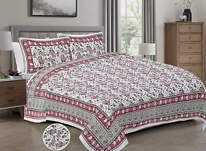 Loom N Bloom Jaipuri Hand Screen Print Cotton 1 Bedsheet 2 Pillowcover "90x108" - Picture 1 of 5