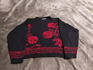Vintage 80s Jam Knits Geometric Arcylic Black Long Sleeve Rose Sweater Womens M - Picture 1 of 7