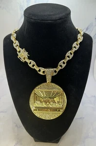 Iced Out CZ Studded Yellow Gold Plated Last Supper Medallion 24” Mariner’s Chain - Picture 1 of 15