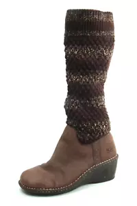 UGG Cresthaven Knit Shaft Brown Leather Wedge Winter Boots Womens Suede 10 EU 41 - Picture 1 of 15