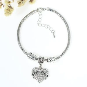 "Best Friend " European Snake Chain Charm Bracelet with Heart Pendant and Love S - Picture 1 of 3