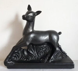 Antique Vallauris Black Ceramic Figurine Doe Statue 1930s MADE IN FRANCE - Picture 1 of 10