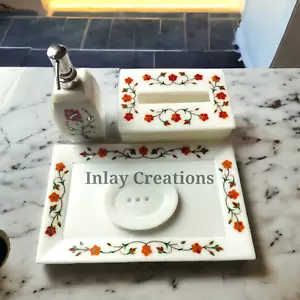 Weiß Marmor Luxus Badezimmer Set Handarbeit Inlay Badezimmer 4er Set. - Bild 1 von 10