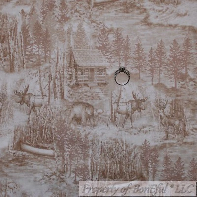 BonEful Fabric FQ Cotton Quilt Cream Scenic Tree Forest Woods Country Cabin Deer - Image 1 of 4