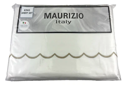 MAURIZIO Italy KING Sheet Set White Scalloped Tan Stitched Embroidery - Image 1 of 4